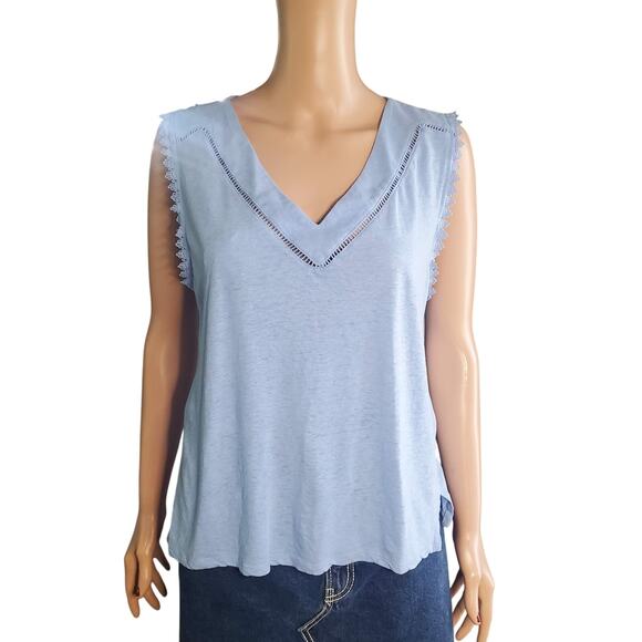 Cyrus Size L Linen / Cotton Blend Eyelet Trim Split Hem Tank Top Blue - Picture 1 of 8